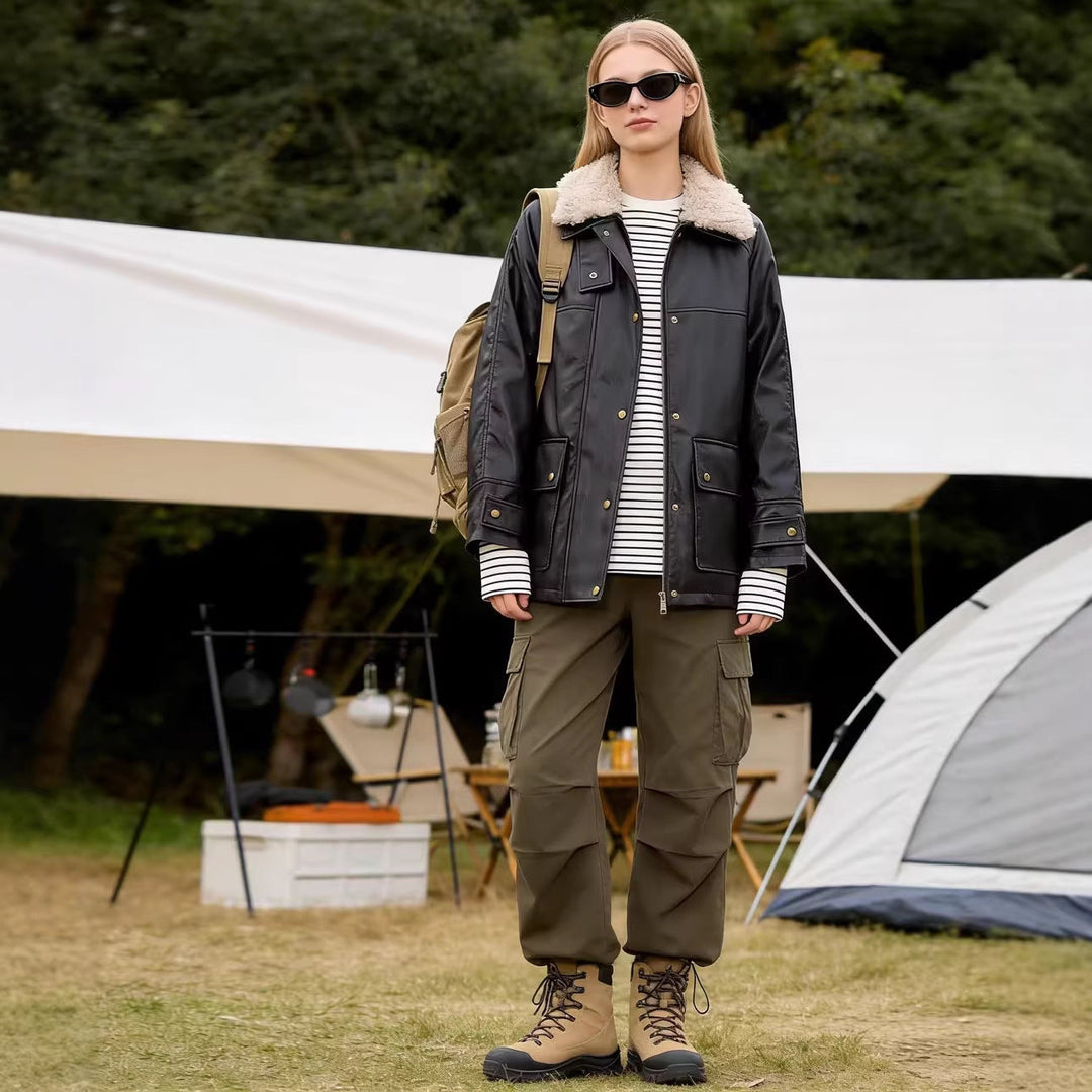 Dam Oversized Konstläder Field Jacka med Detachable Teddy Krage och Lockfickor