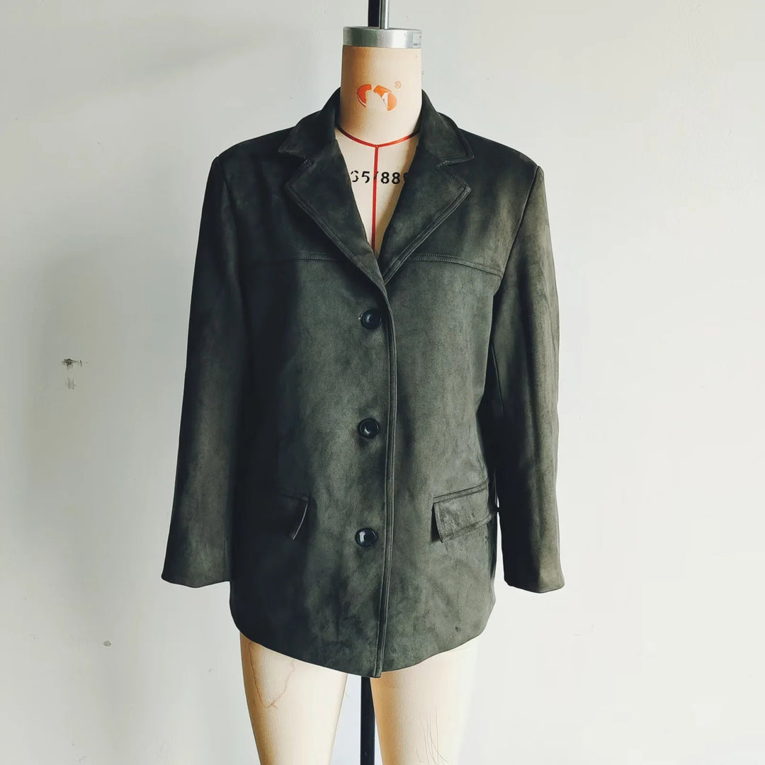 Dam cropped mocka blazer med lapel krage och påsydda fickor