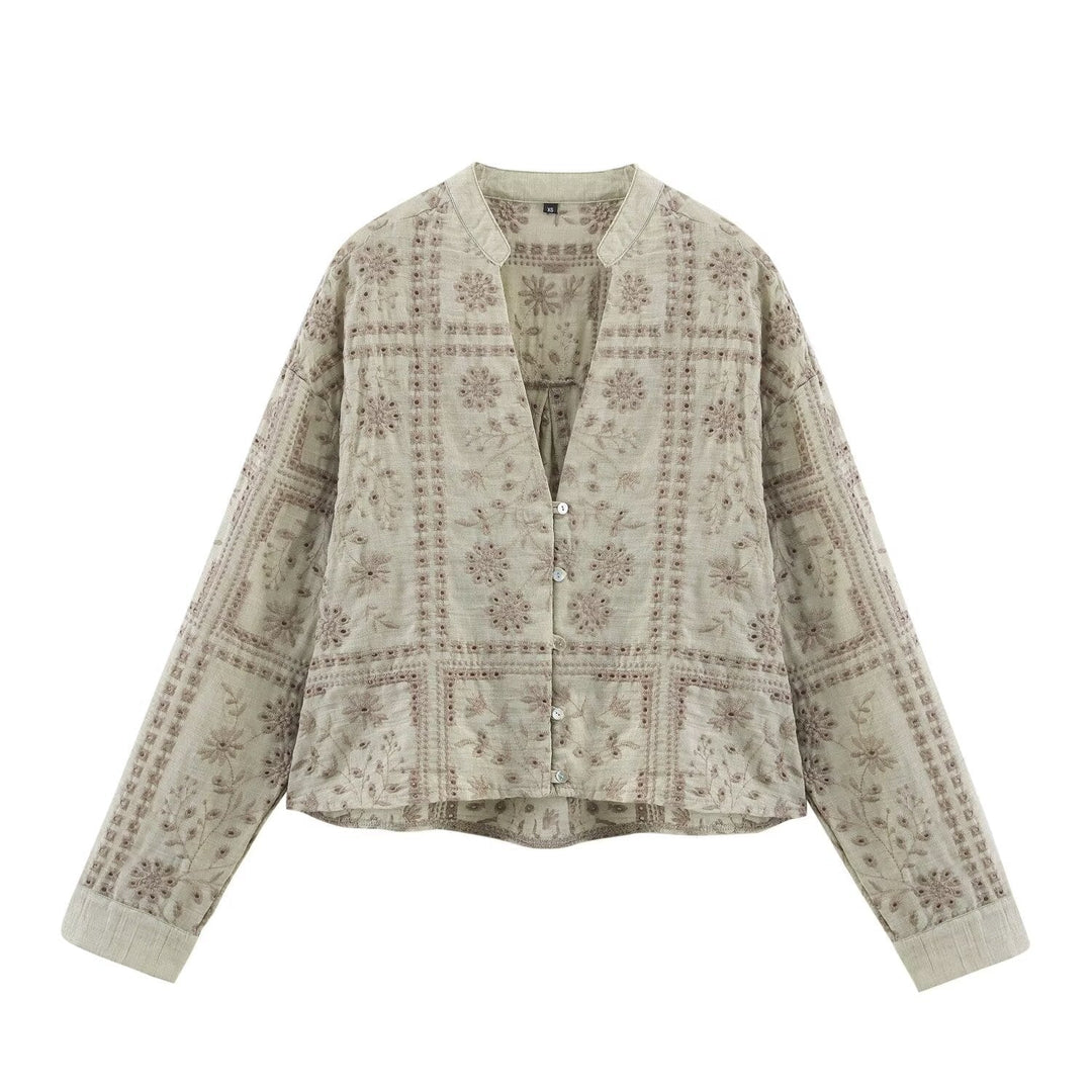 Dam Embroidered Lätt Boxig Övergångsjacka med V-Neck