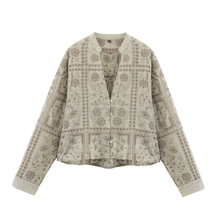 Dam Embroidered Lätt Boxig Övergångsjacka med V-Neck