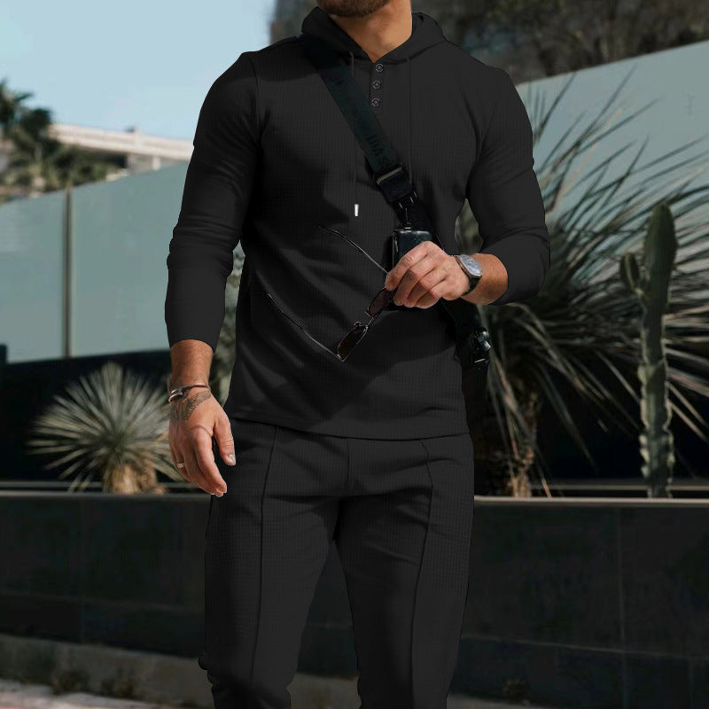 Herr Figurnära med Huva Knapplist Set Gjord av Textured Stretch Jersey med Smal Chino Jogger