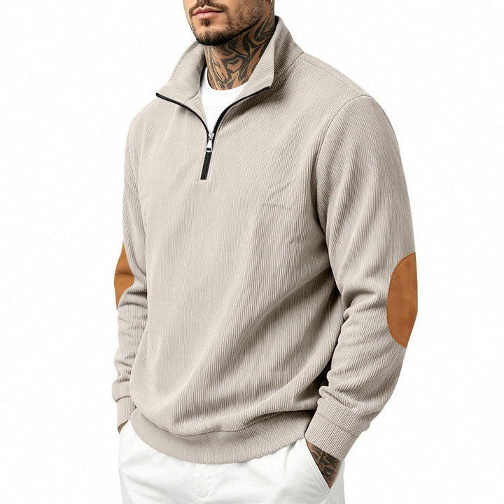 Herr Light Strukturerad Halv Dragkedja Pullover med Cord Elbow Lappar och Ståkrage