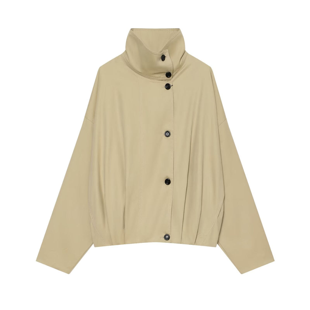 Dam Wide Kort Cape Jacka med Hög Stå Krage och Knapp Knäppning