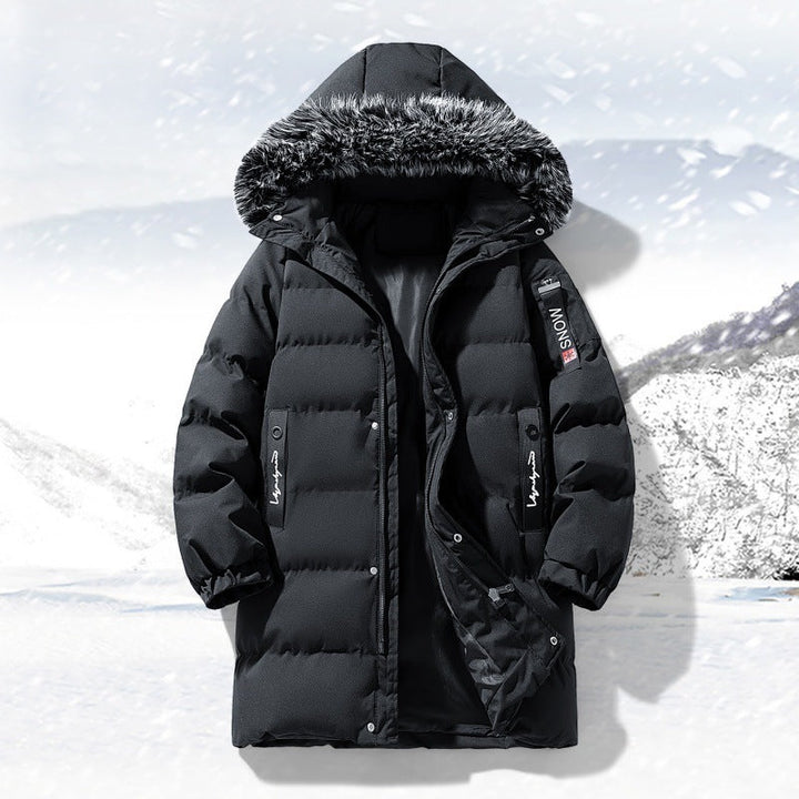 Herr longer quiltad parka med huva och fusk päls trim