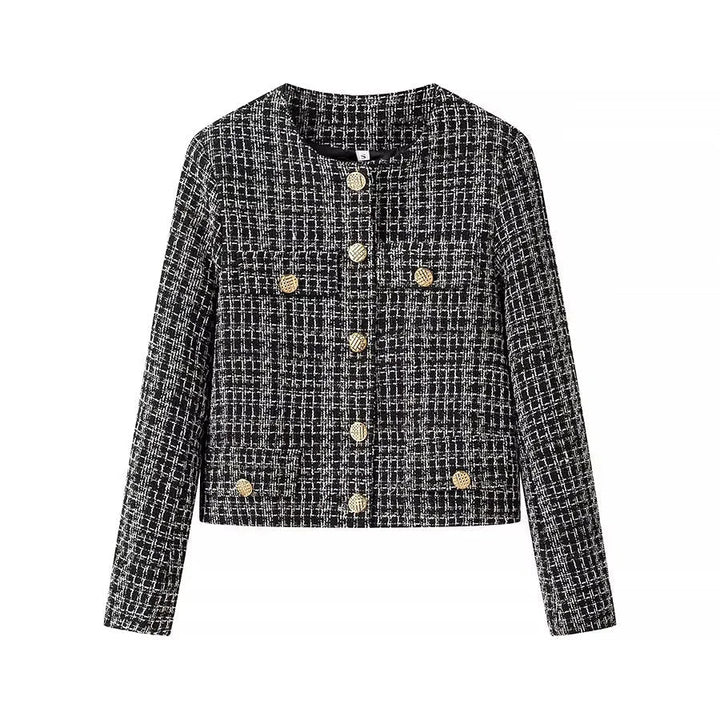 Dam kort-skärning bouclé jacka i boxy skärning med gold button detail och påsydda fickor