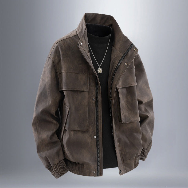 Herr Funktion Harrington Jacka i Läder Look med Flera Fickor och Elastisk Fåll