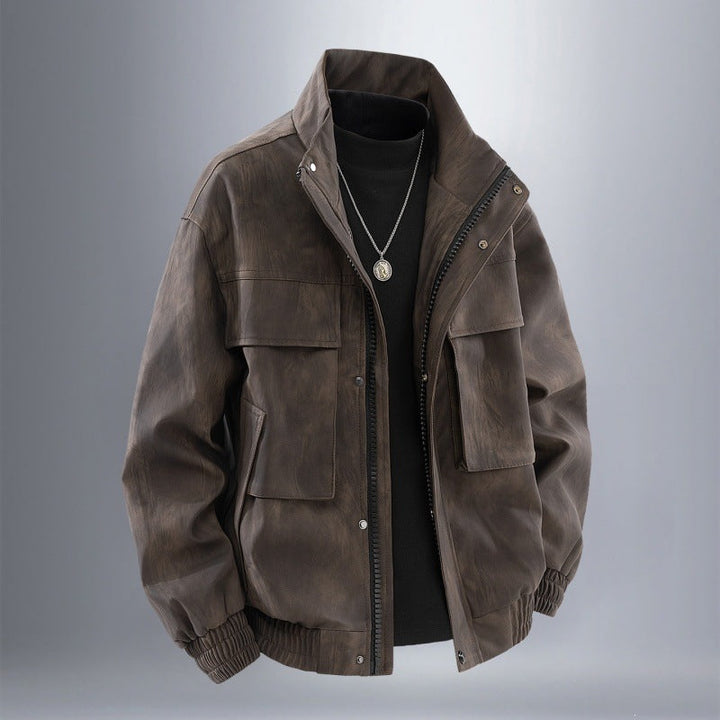 Herr Funktion Harrington Jacka i Läder Look med Flera Fickor och Elastisk Fåll