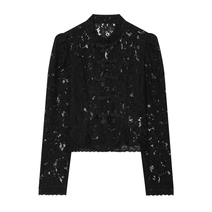 Dam elegant spets jacka med ståkrage, decorative manchester closures och cropped silhuett