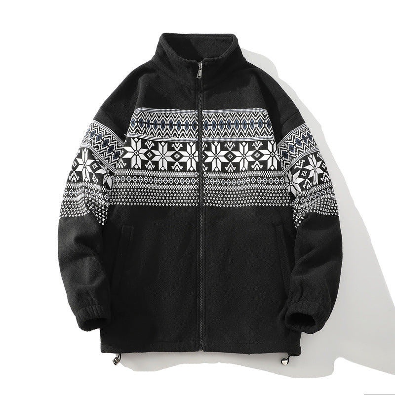 Unisex Norwegian mönster fleecejacka med ståkrage, all-round dragkedja och dragsko
