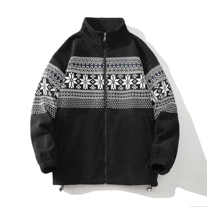 Unisex Norwegian mönster fleecejacka med ståkrage, all-round dragkedja och dragsko