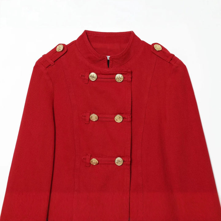 Dam Kort Military Blazer Jacka med Stå Krage och Golden Dekorativ Knappar
