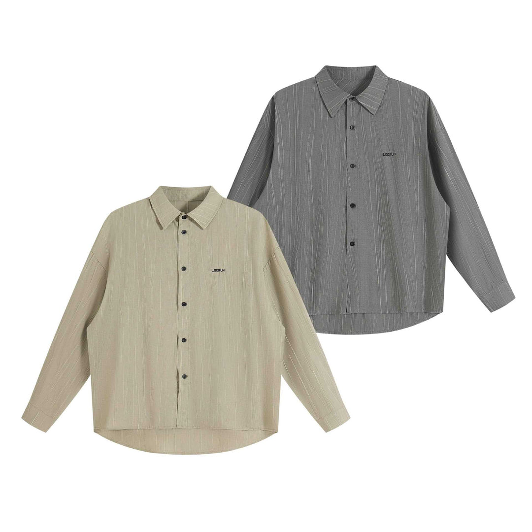 Unisex Oversized Skjorta Jacka med Strukturerad Vertical Texture, Kent Krage och Rounded Fåll