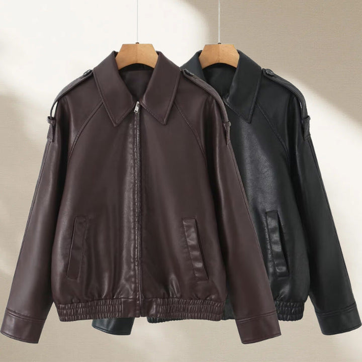 Dam Oversized Konstläder Flight Jacka med Bonded Krage, Axel Epaulettes, och Elastic Fåll