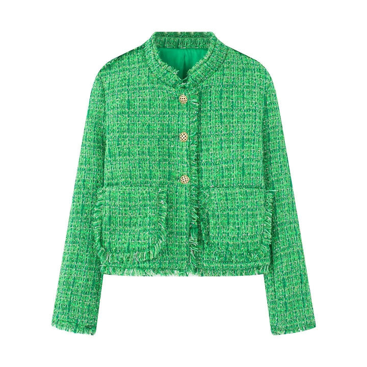 Dam kort bouclé tweed jacka med golden decorative knappar, påsydda fickor, och fringe kant