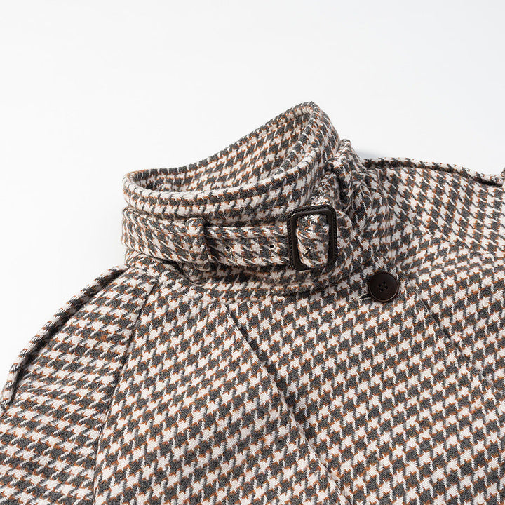Dam Kort Jacka i Houndstooth med Ståkrage, Dubbel-Breasted och Midja Detaljer