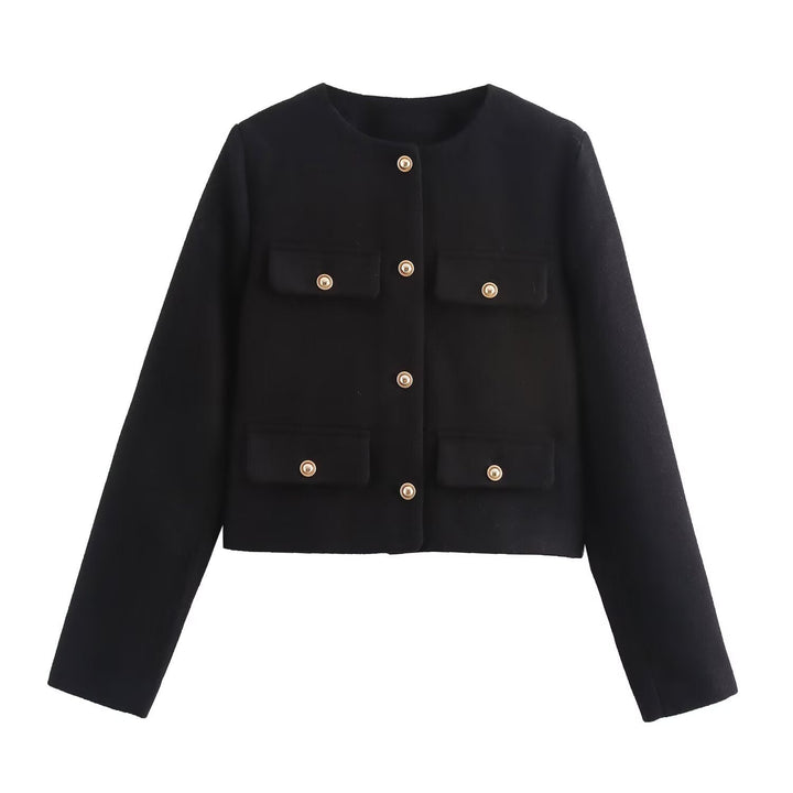 Dam kort Boucle blazer jacka med Round Neck, dekorativ ficka Flaps, och Gold-Colored knappar