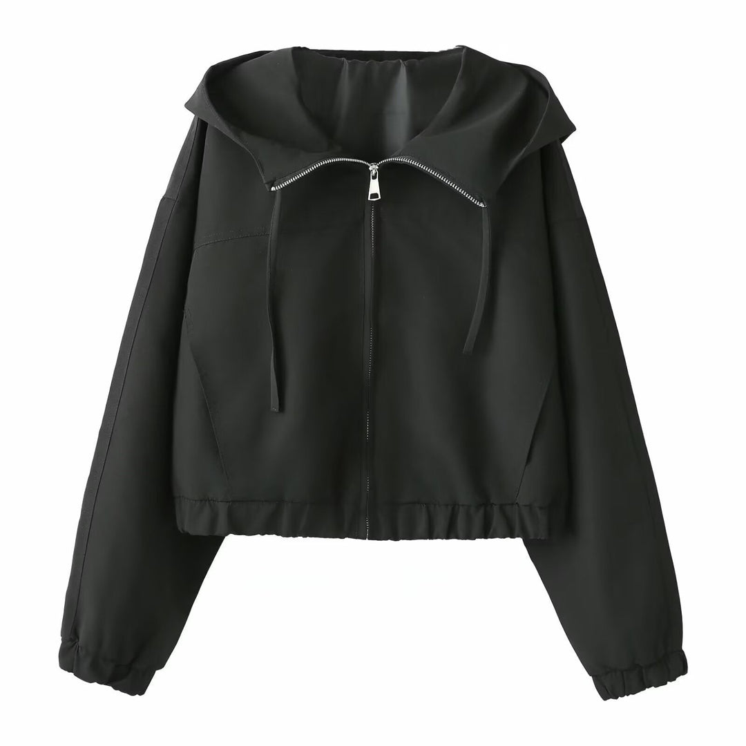 Dam Kort Kort Blouson med Huva, Dragkedja, och Elastic Nederkant