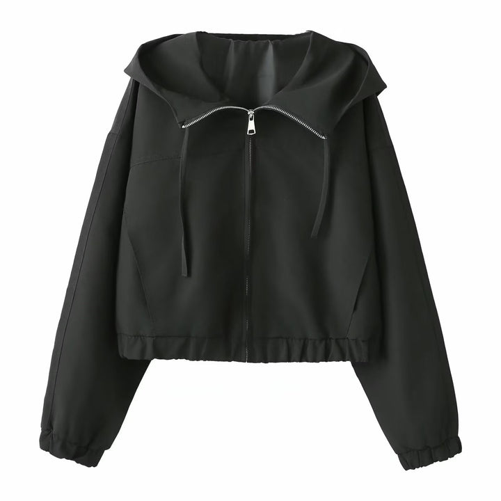 Dam Kort Kort Blouson med Huva, Dragkedja, och Elastic Nederkant