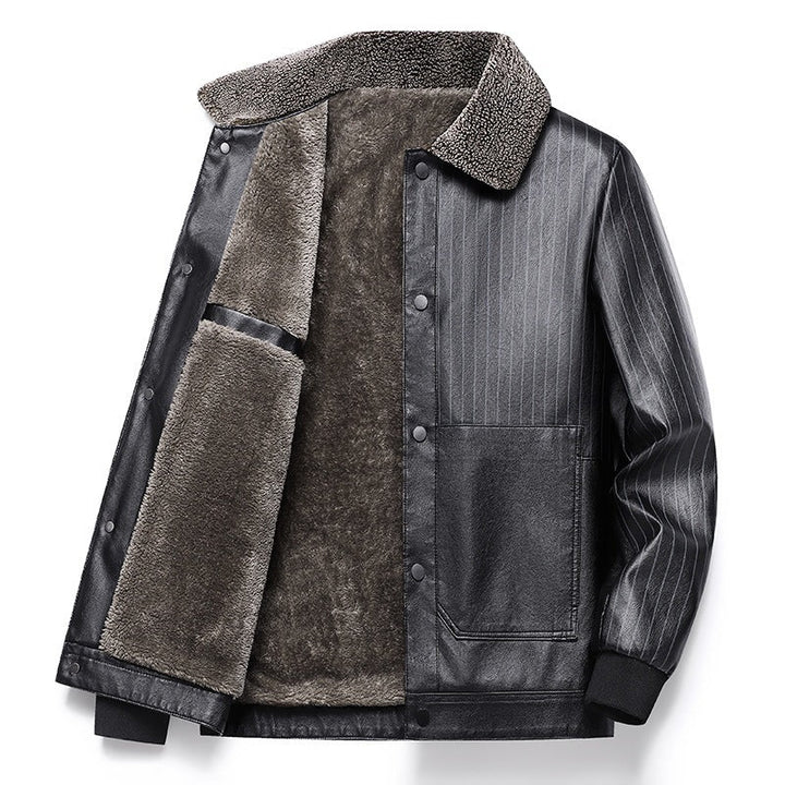 Herr Konstläder Blouson med Sherpa Krage, Varm Teddyfoder och Pinstripe Detalj