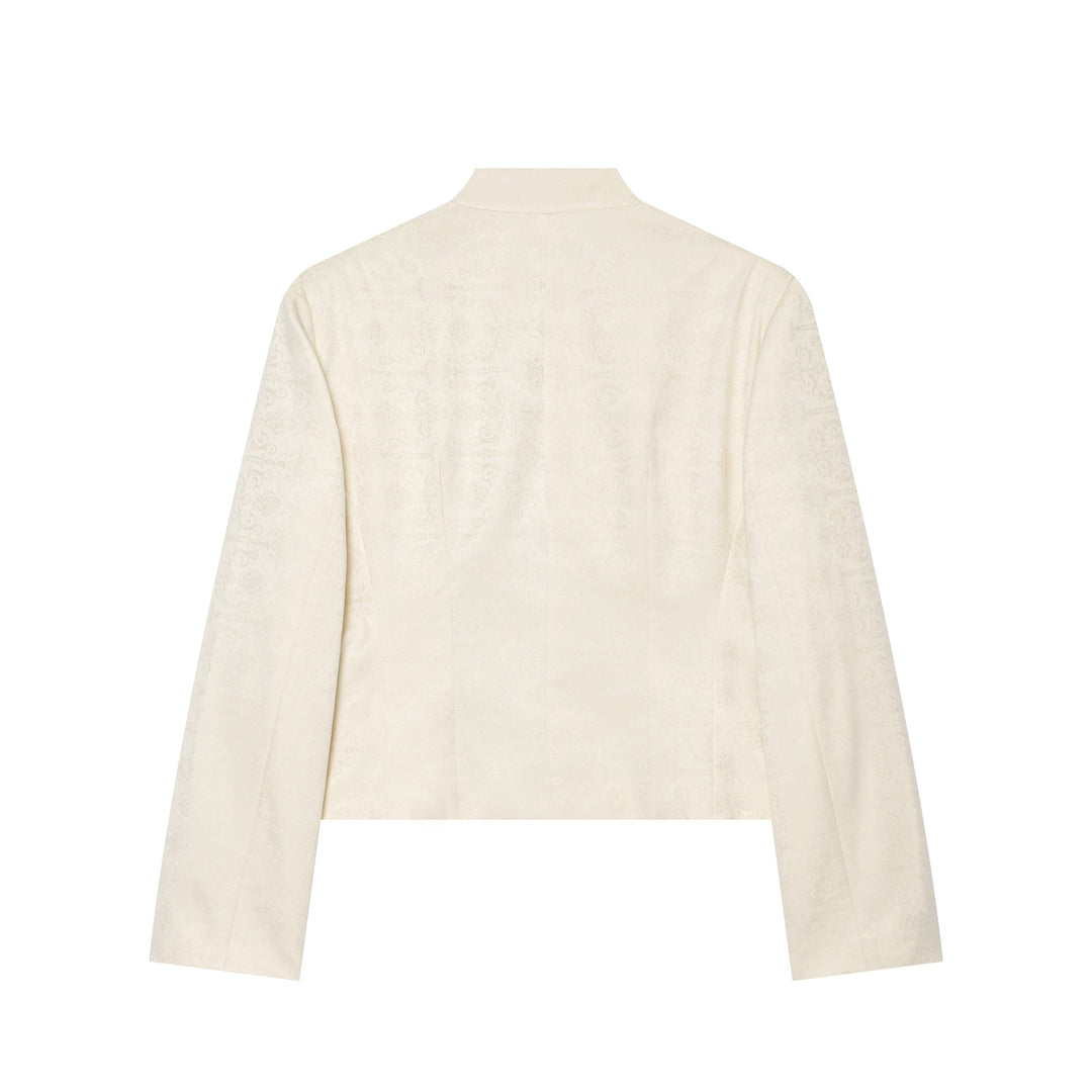 Dam Boxig-Kort Jacquard Jacka med Stå Krage och Dekorativ Knapp Knäppning