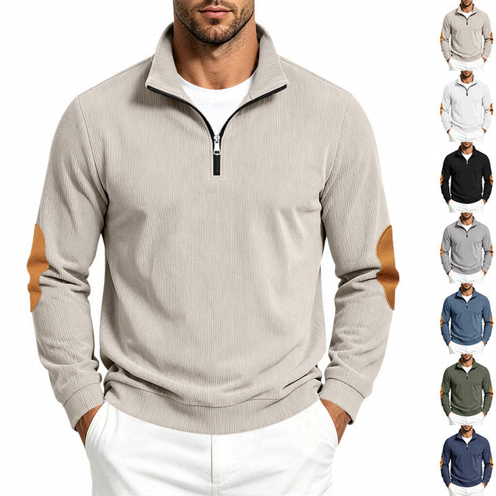 Herr Light Strukturerad Halv Dragkedja Pullover med Cord Elbow Lappar och Ståkrage