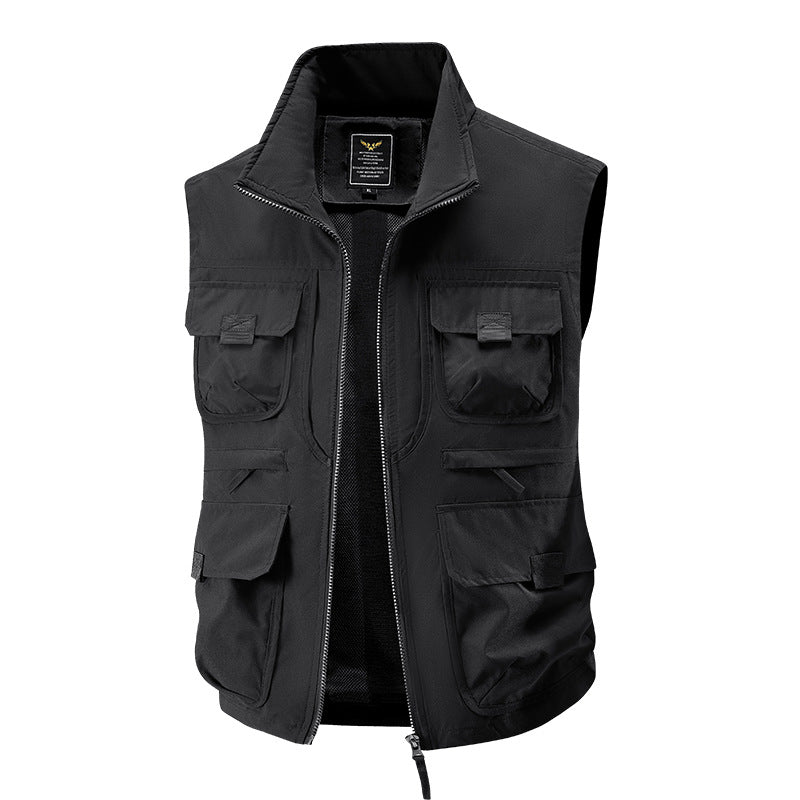 Herr Multi-Pocket Utility Väst med Hög Krage Tvåvägsdragkedja och Mesh Foder