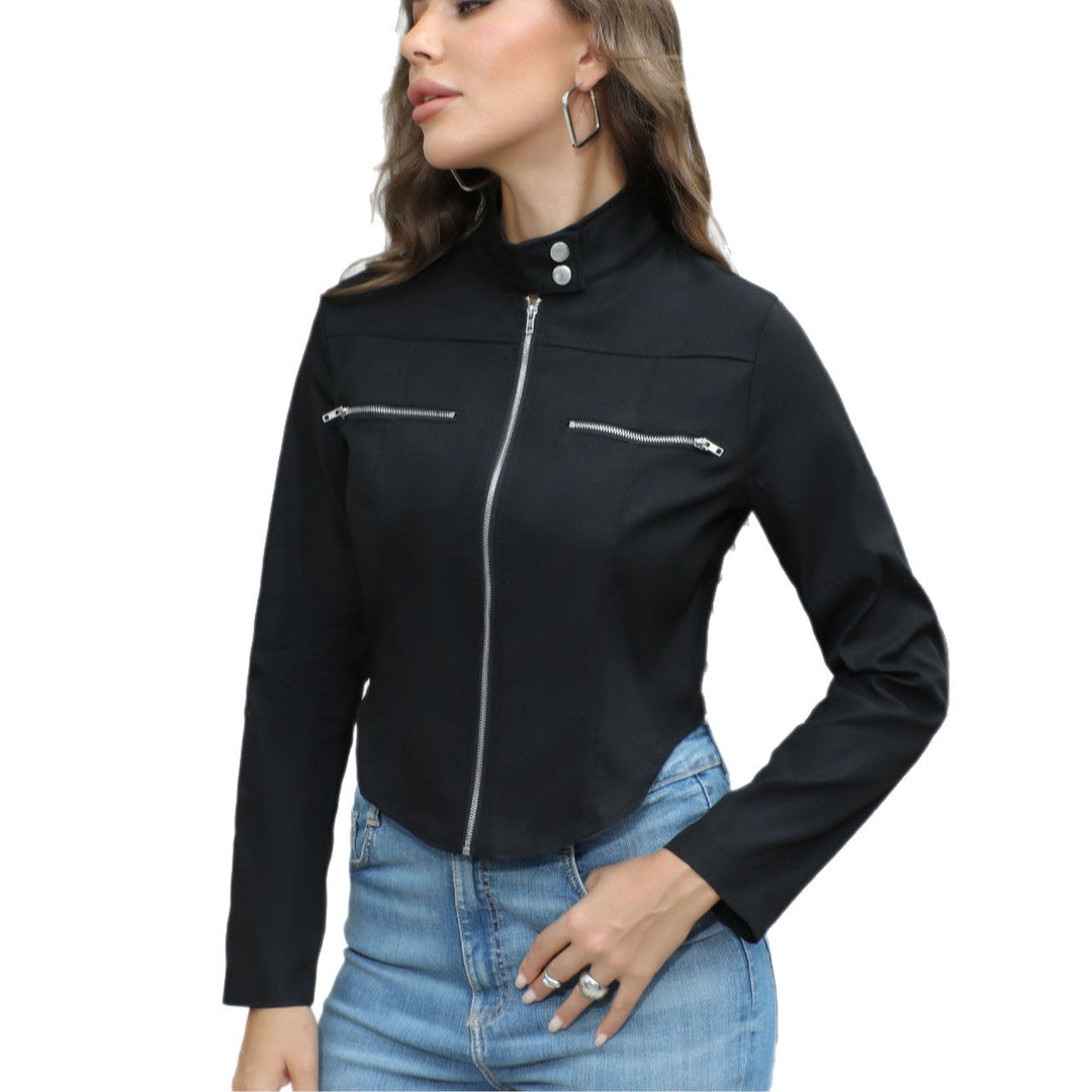 Dam kort bikerjacka med ståkrage, metal zippers &amp; snap button flap