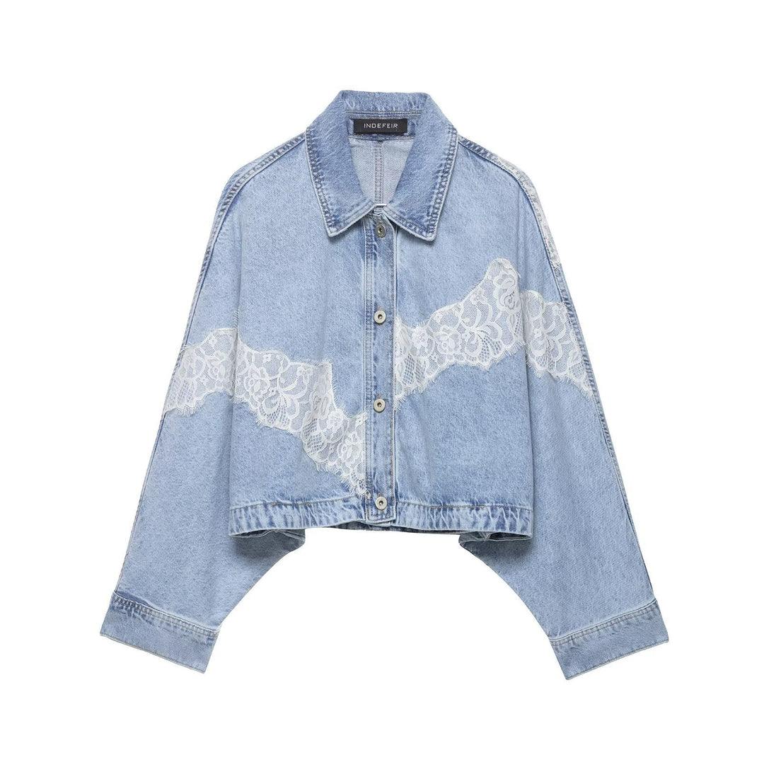 Dam Kort Skärning Oversize Denimjacka med Lace Detail och Batwing Ärmar