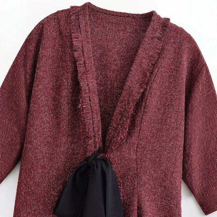 Dam Tweed Kimono Jacka med Fringe Kant och Dekorativ Tie Scarf