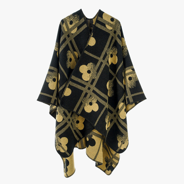 Dam Reversible Jacquard poncho tillverkad av ullblandning med floral check mönster och decorative piping seam