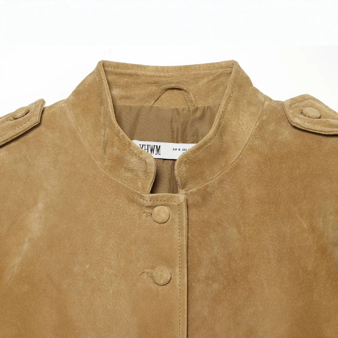 Dam Tailored Suede Jacka med Stå Krage, Lock Fickor och Shoulder Epaulettes