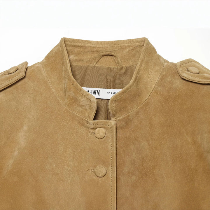 Dam Tailored Suede Jacka med Stå Krage, Lock Fickor och Shoulder Epaulettes
