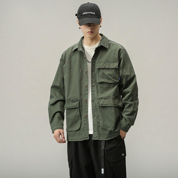 Herr Military-Inspired Fältjacka med Flera Fickor och Lös Passform