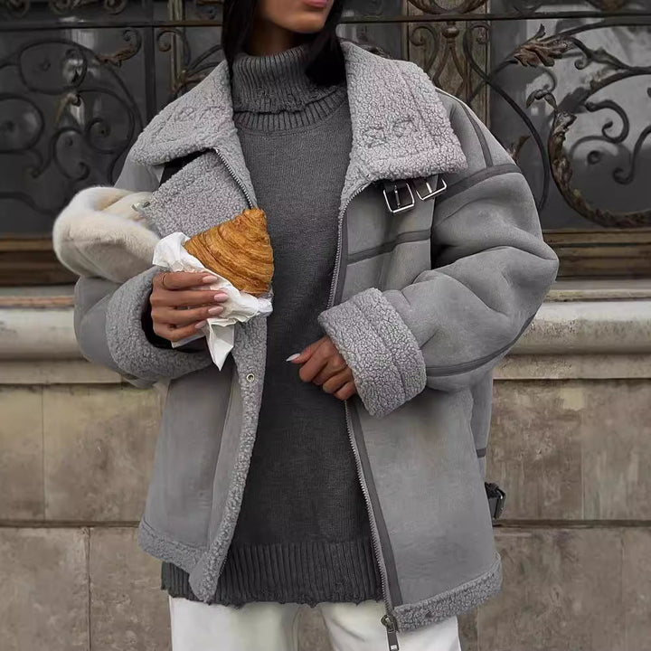 Dam vid skärning Lambskin Imitation Flight jacka med Faux Fur foder