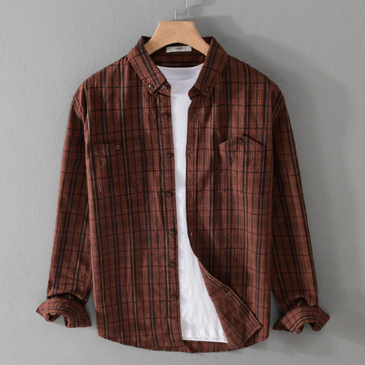 Herr Rutig Flanell Overshirt med Knapp-Dun Krage och Utanpå Bröstfickor