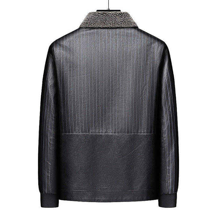 Herr Konstläder Blouson med Sherpa Krage, Varm Teddyfoder och Pinstripe Detalj