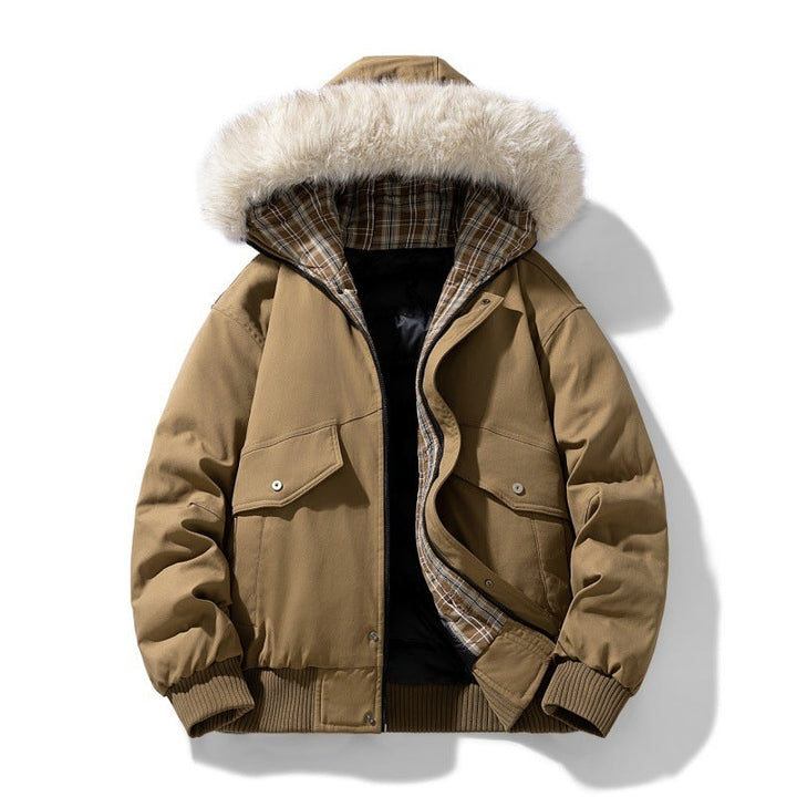 Herr kort parka med vadderad foder, avtagbar huva, och utanpåfickor