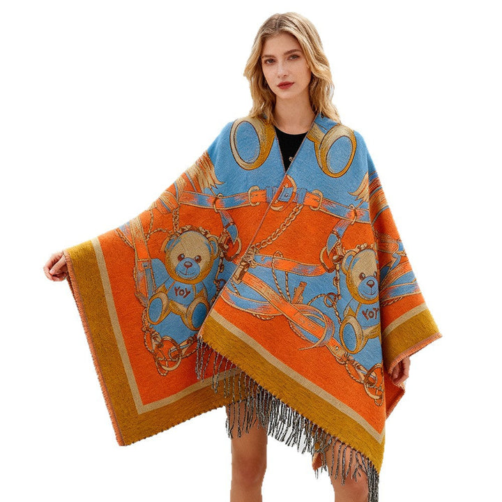 Dam Jacquard-capeponcho med Teddy Motif, oversized silhuett och fransfåll