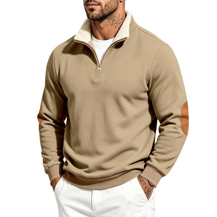 Herr Troyer Halv Dragkedja Pullover med Teddy Fleece Foder, Konstläder Elbow Lappar och Ståkrage