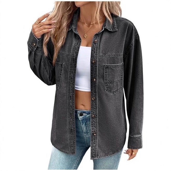 Dam oversize denim skjortjacka med bröstfickor