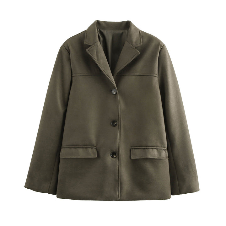 Dam Elegant Velvet Look Blazer Jacka med Lapel Krage och Patch Fickor