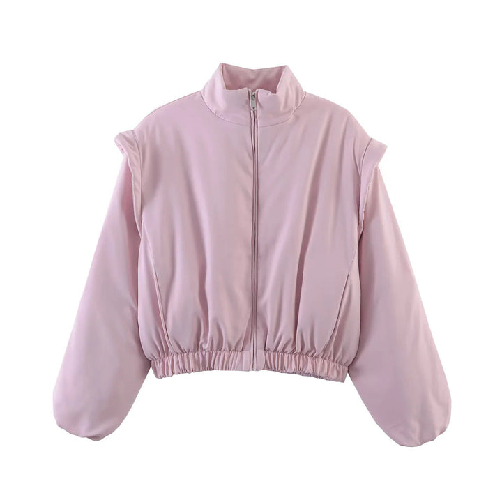 Dam cropped quiltad jacka med stand krage, voluminous balloon ärmar, och figure-hugging elastic waistband