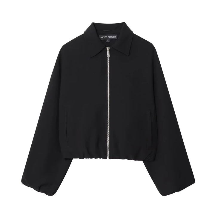 Dam cropped blousonjacka med skjortkrage, concealed metal dragkedja, och elastisk fåll