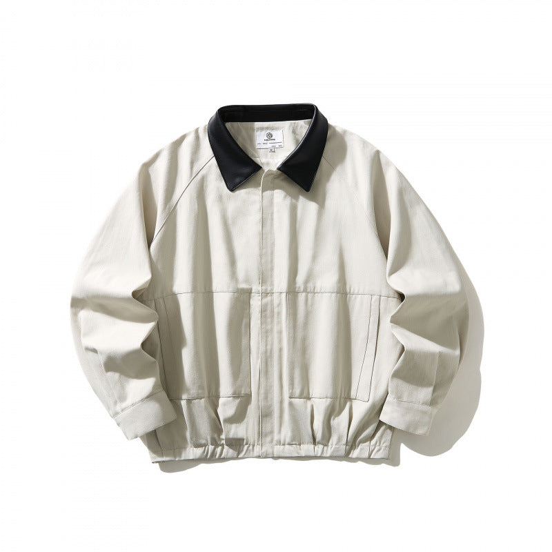 Herr short-cut canvas jacka med imitation läder krage och elastisk fåll