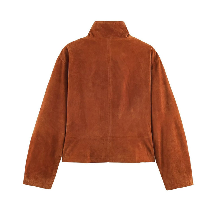 Dam Kort Skärning Suede Jacka i Blouson Stil med Tailored Darts och Metal Zippers