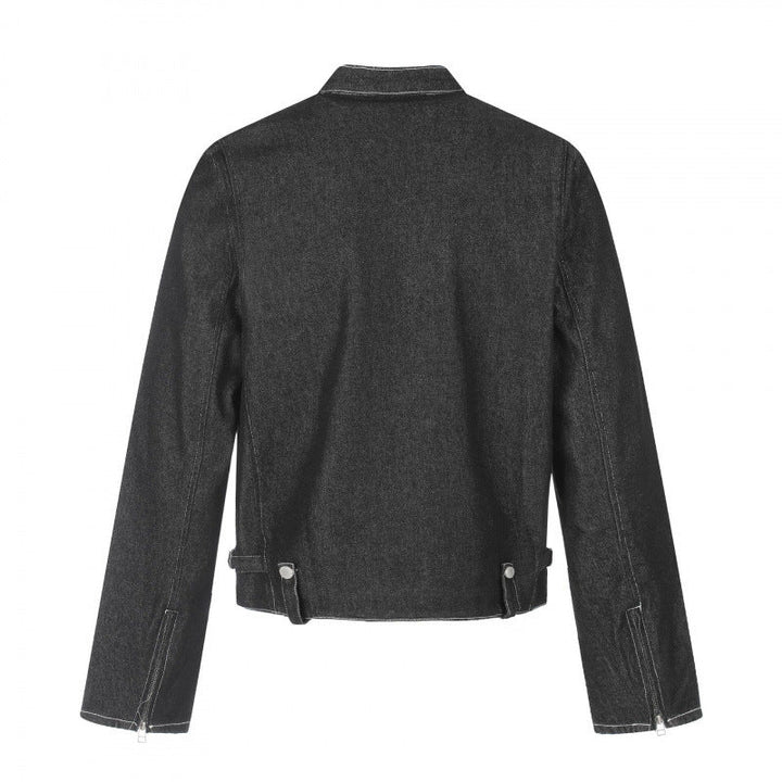 Herr kort skärning boxig denimjacka i arbeteer blouson stil med ståkrage och metall applikationer