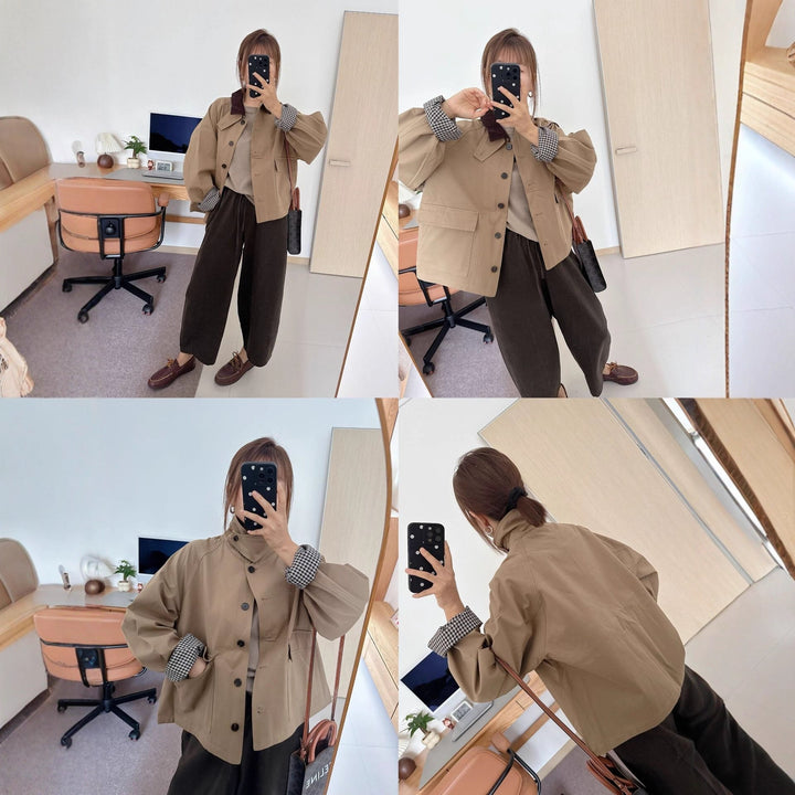 Dam kort jacka in worker stil med cord krage och utanpåfickor