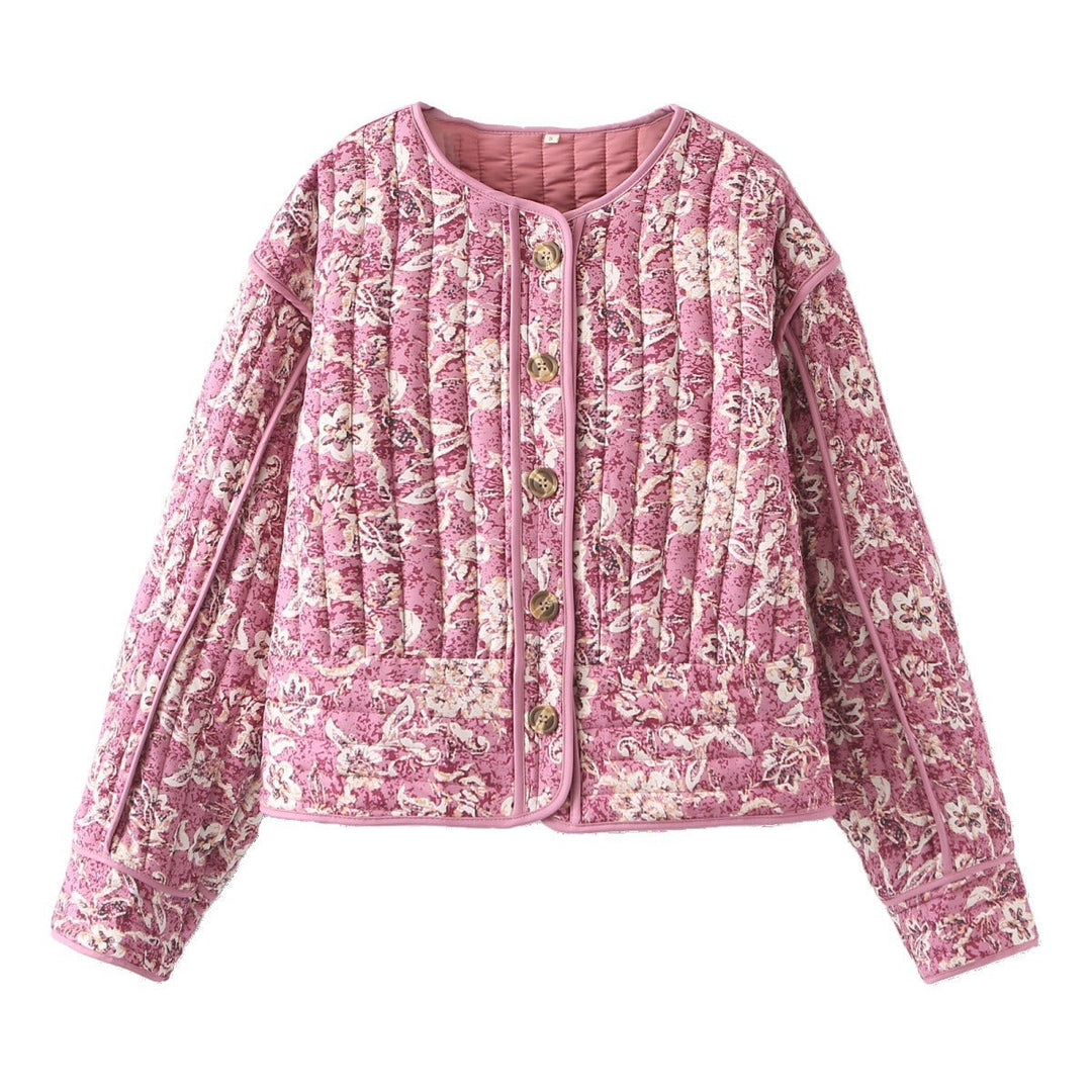 Dam 400+ Quiltad Blouson Jacka med Blommig All-Over Mönster och Dekorativ Piping