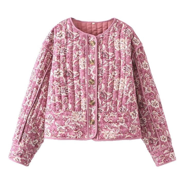 Dam 400+ Quiltad Blouson Jacka med Blommig All-Over Mönster och Dekorativ Piping