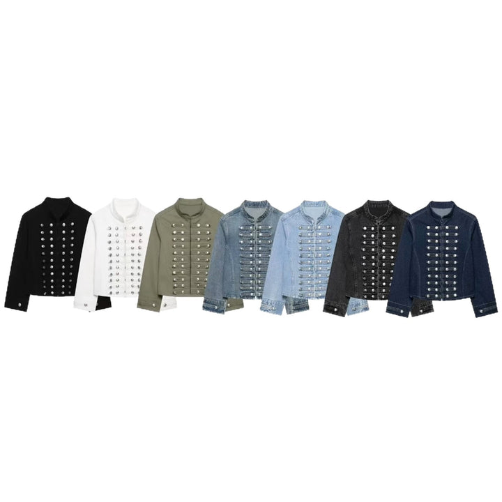Dam Tailored Denim Blazer Jacka i Military Inspired Marshal Stil med Dekorativ Knapp Knäppning